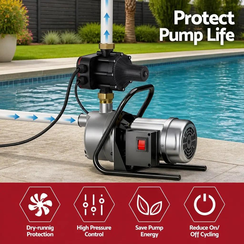 Digital Water Pump Controller 16A 1.5kW Adjustable Pressure Switch Black