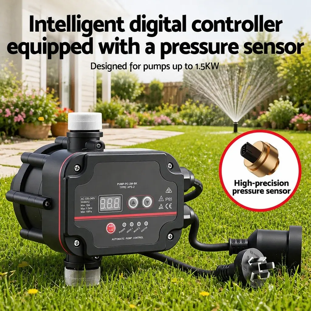 Digital Water Pump Controller 16A 1.5kW Adjustable Pressure Switch Black