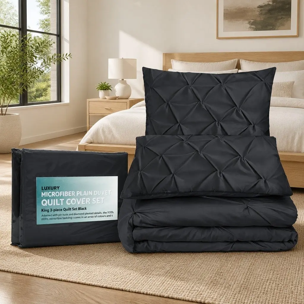 King Quilt Cover Set Microfibre 3 Piece Black Diamond Pintuck Pinched