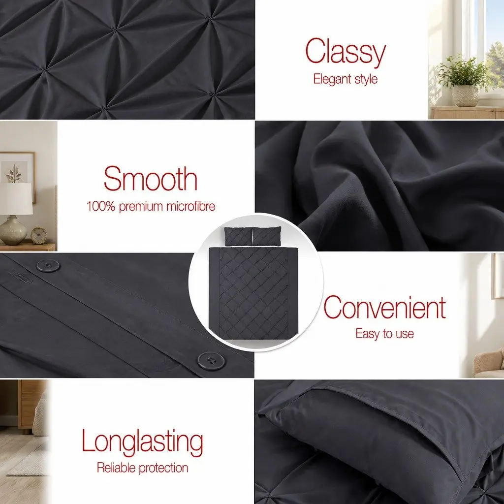 Queen Quilt Cover Set Pinch Pleat Diamond Design 3-Piece Bedding Black
