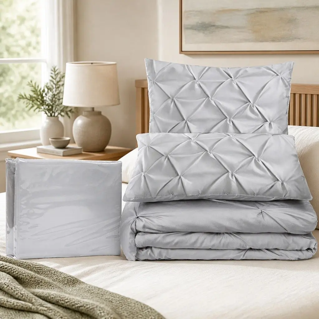 Queen Quilt Cover Set 3-Piece Pinch Pleat Diamond Bedding Grey Pillowcases