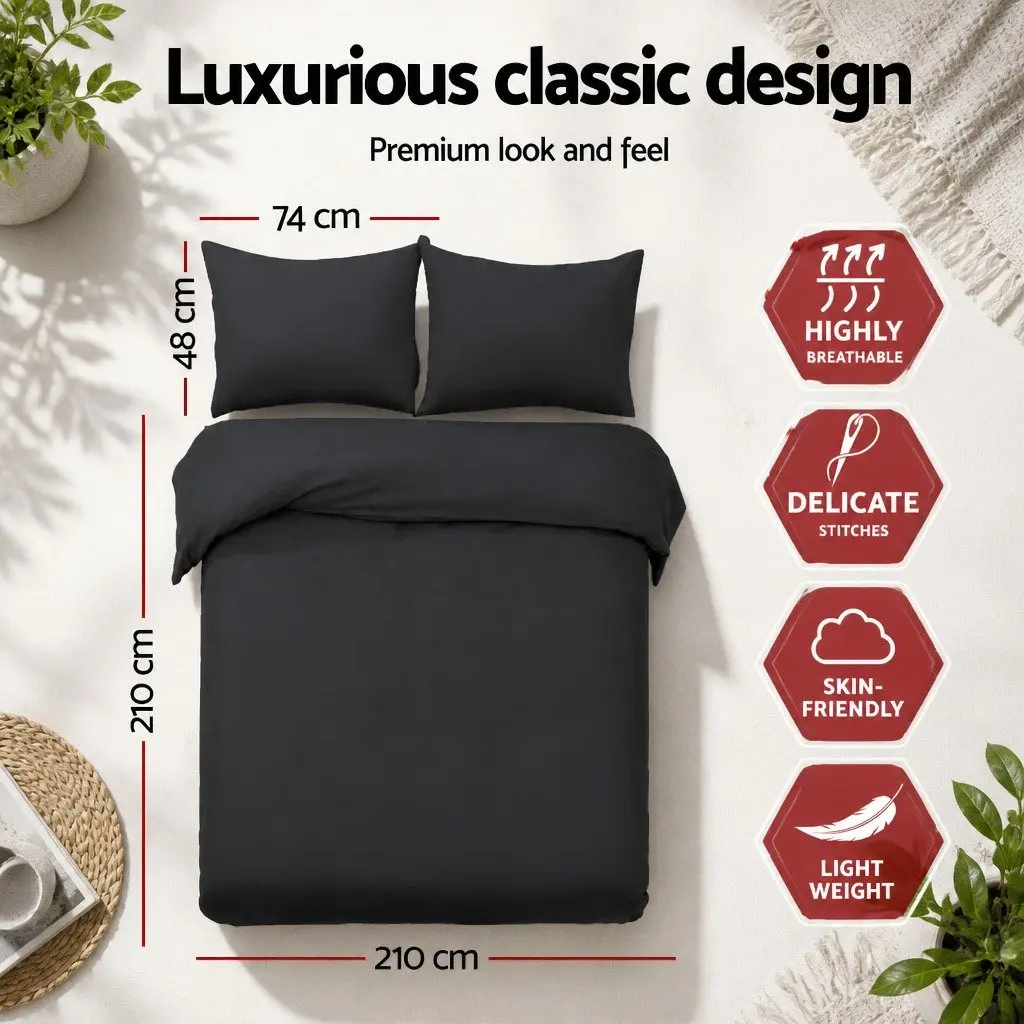 Queen Quilt Cover Set Microfibre 3 Piece Bedding Duvet Pillowcase Black