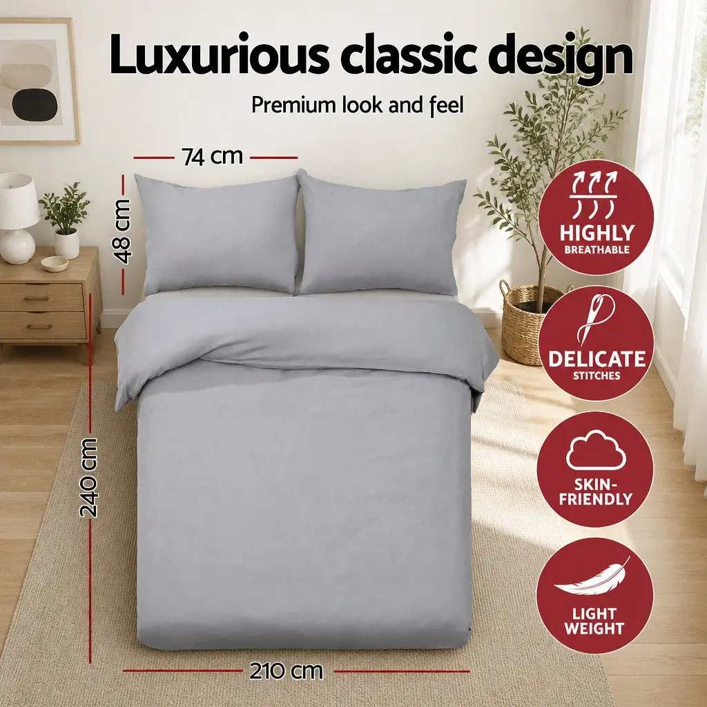 King Quilt Cover Set 3-Piece Bedding Pinch Pleated Grey Bedroom Duvet Pillows