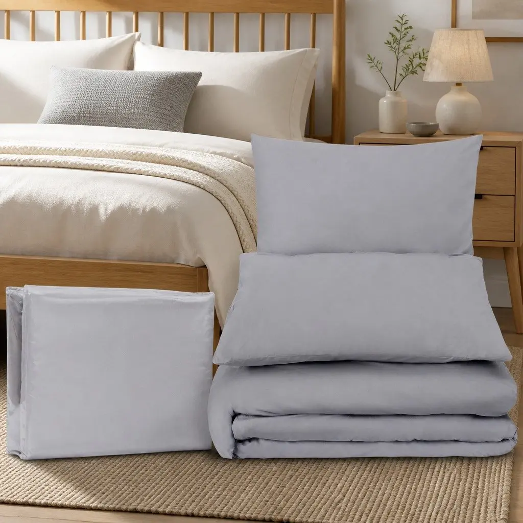 King Quilt Cover Set 3-Piece Bedding Pinch Pleated Grey Bedroom Duvet Pillows