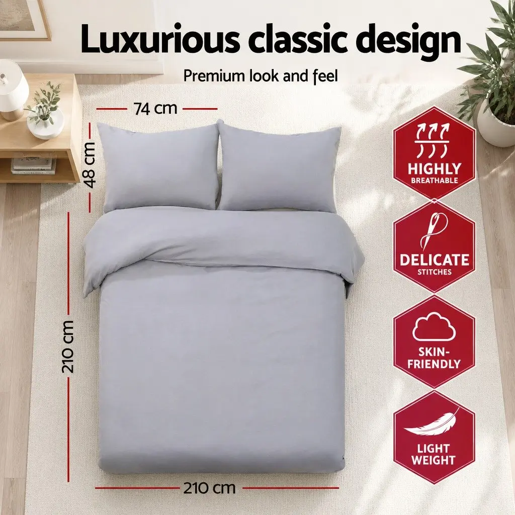 Queen Quilt Cover Set Grey 3-Piece Bedding Duvet Pillowcase Bedroom Linen