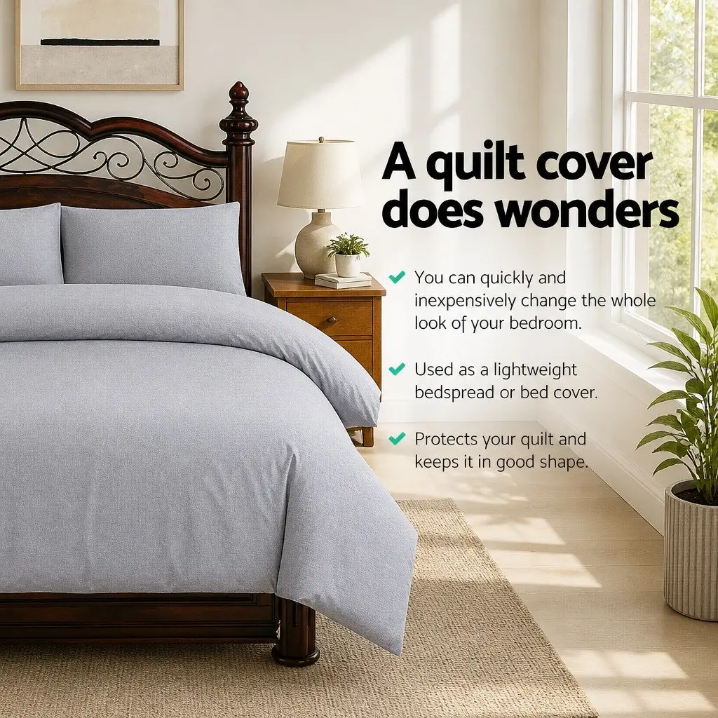 Queen Quilt Cover Set Grey 3-Piece Bedding Duvet Pillowcase Bedroom Linen