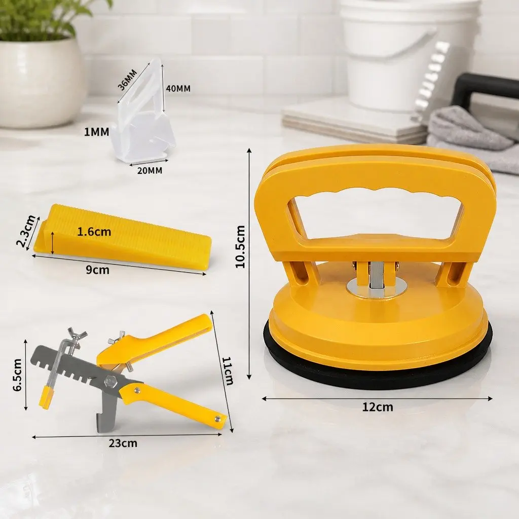 Tile Leveling System Kit Polypropylene Plastic 400 Clips 200 Wedges Push Plier Suction Cups Yellow White