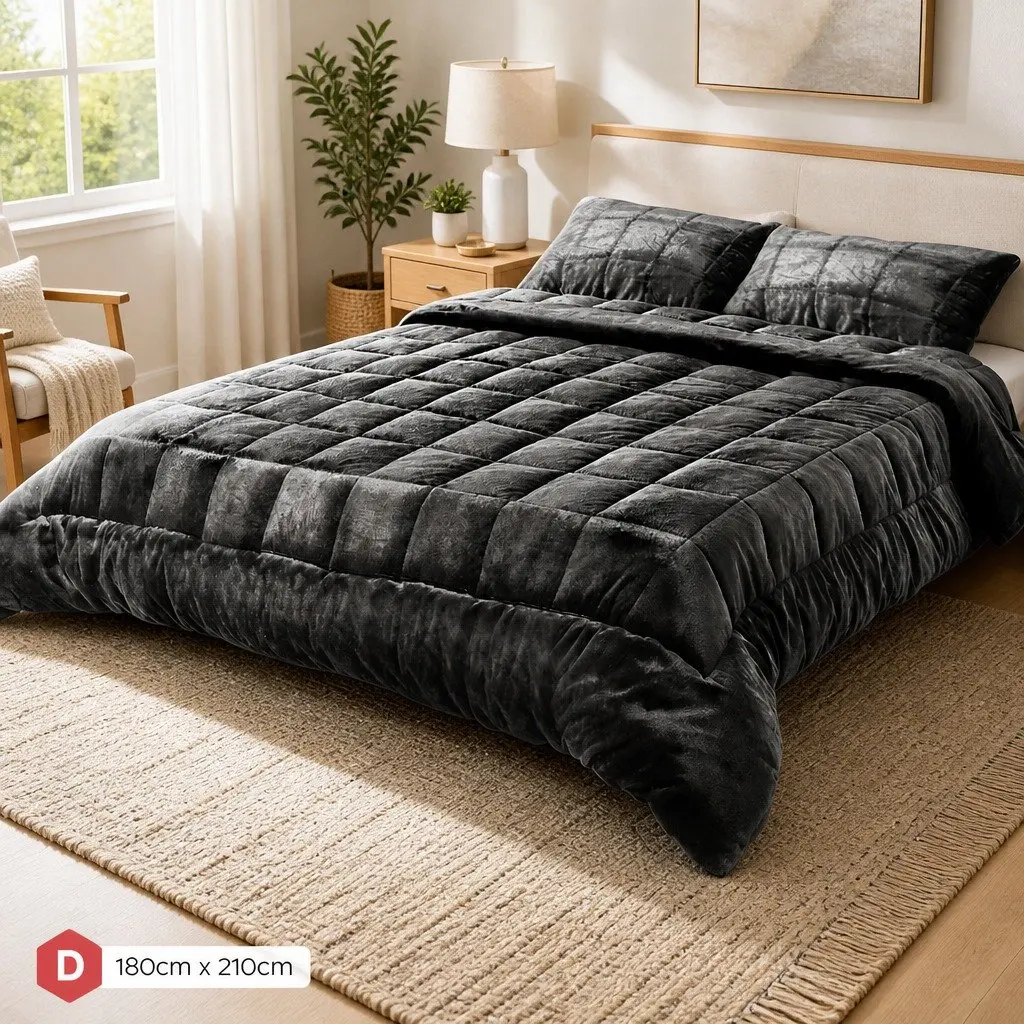 Charcoal Faux Mink Quilt Double Bed Set
