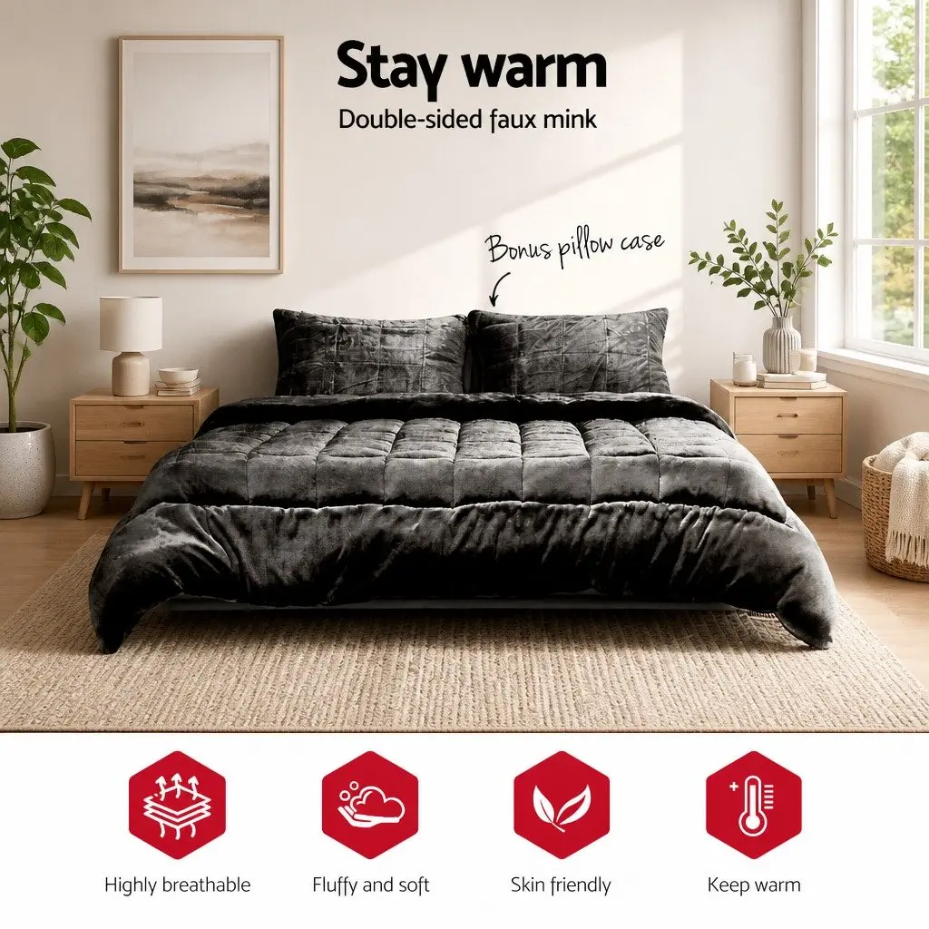 Charcoal Faux Mink Quilt Double Bed Set