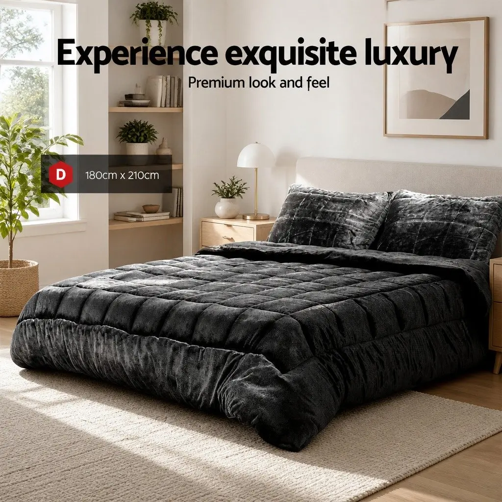 Charcoal Faux Mink Quilt Double Bed Set