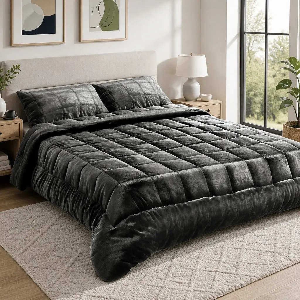 Charcoal Faux Mink Quilt Double Bed Set