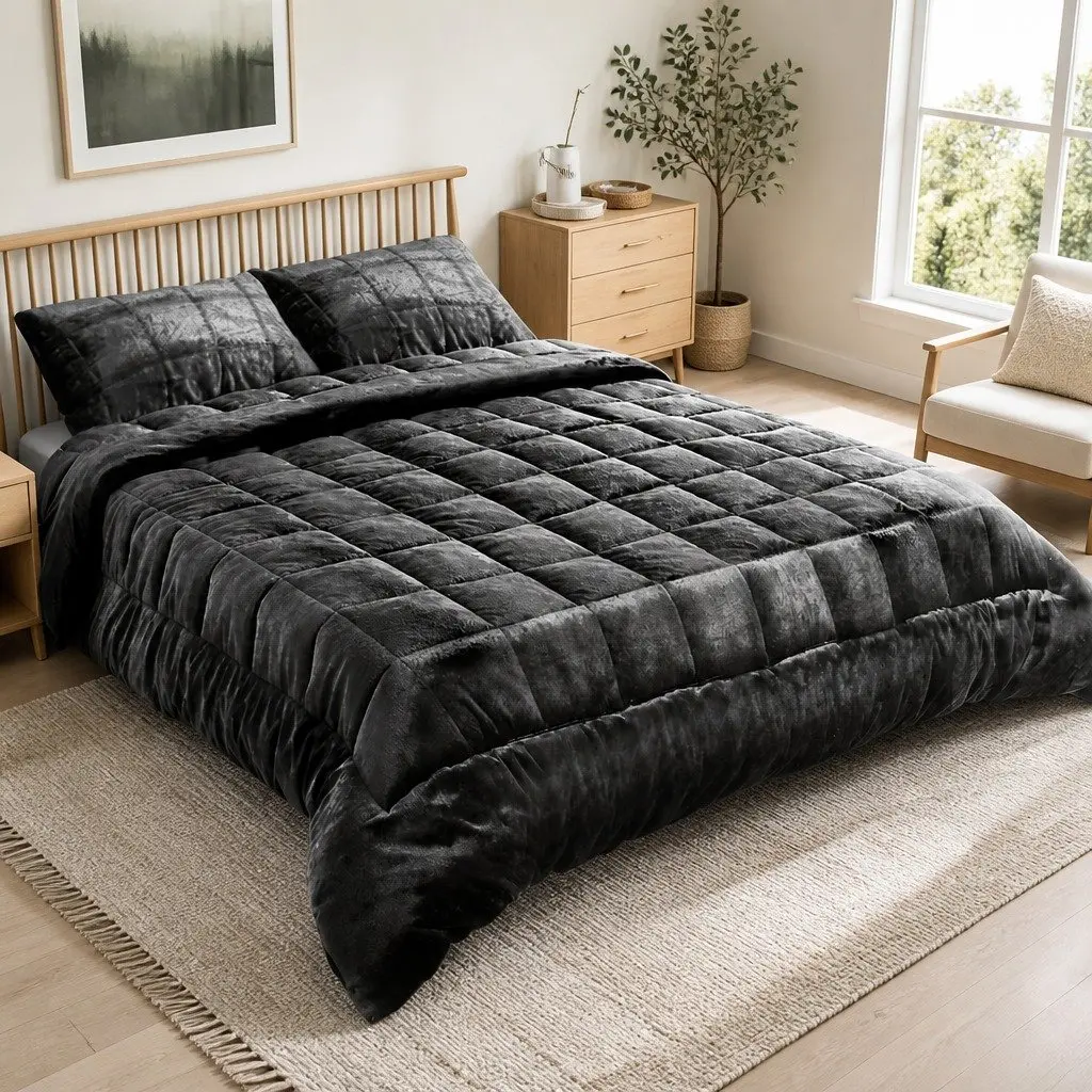 Charcoal Queen Size Faux Mink Quilt with Pillowcases