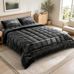 Charcoal Queen Size Faux Mink Quilt with Pillowcases