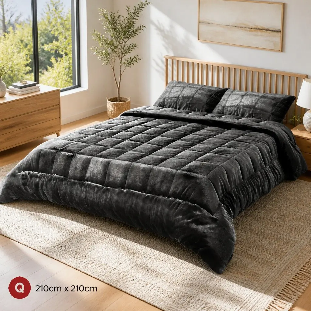 Queen Size Double-Sided Charcoal Faux Mink Quilt Bedding Set with Pillowcases