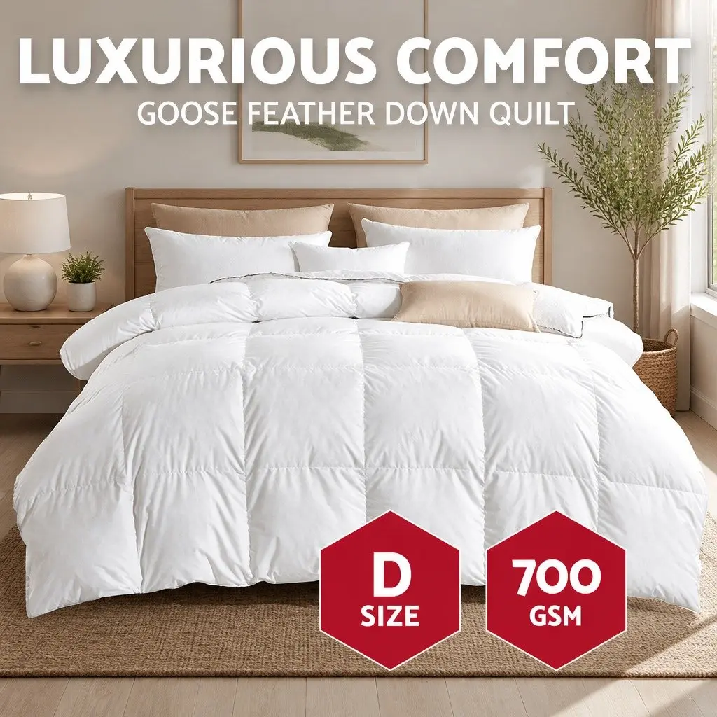 Double Goose Down Feather Quilt 700GSM Baffle Construction Warm Lightweight