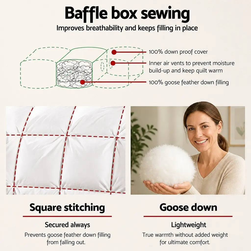 Double Goose Down Feather Quilt 700GSM Baffle Construction Warm Lightweight