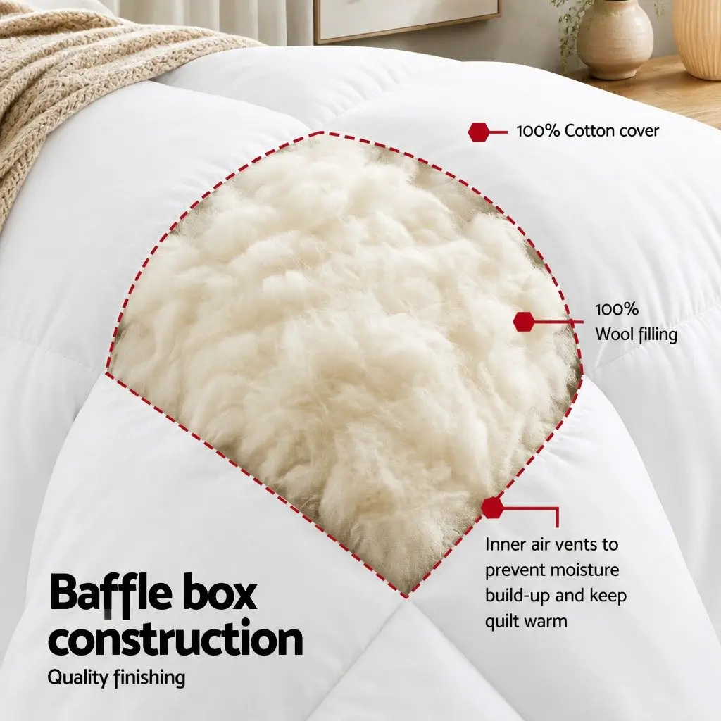 Wool Quilt 500GSM King Size White Cotton Cover Baffle Box Construction