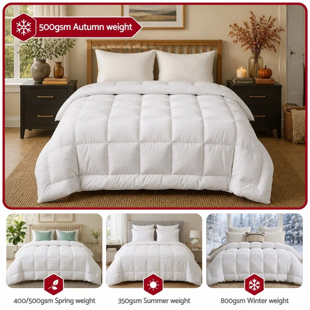 Wool Quilt 500GSM Queen White Cotton Cover Baffle Box Construction