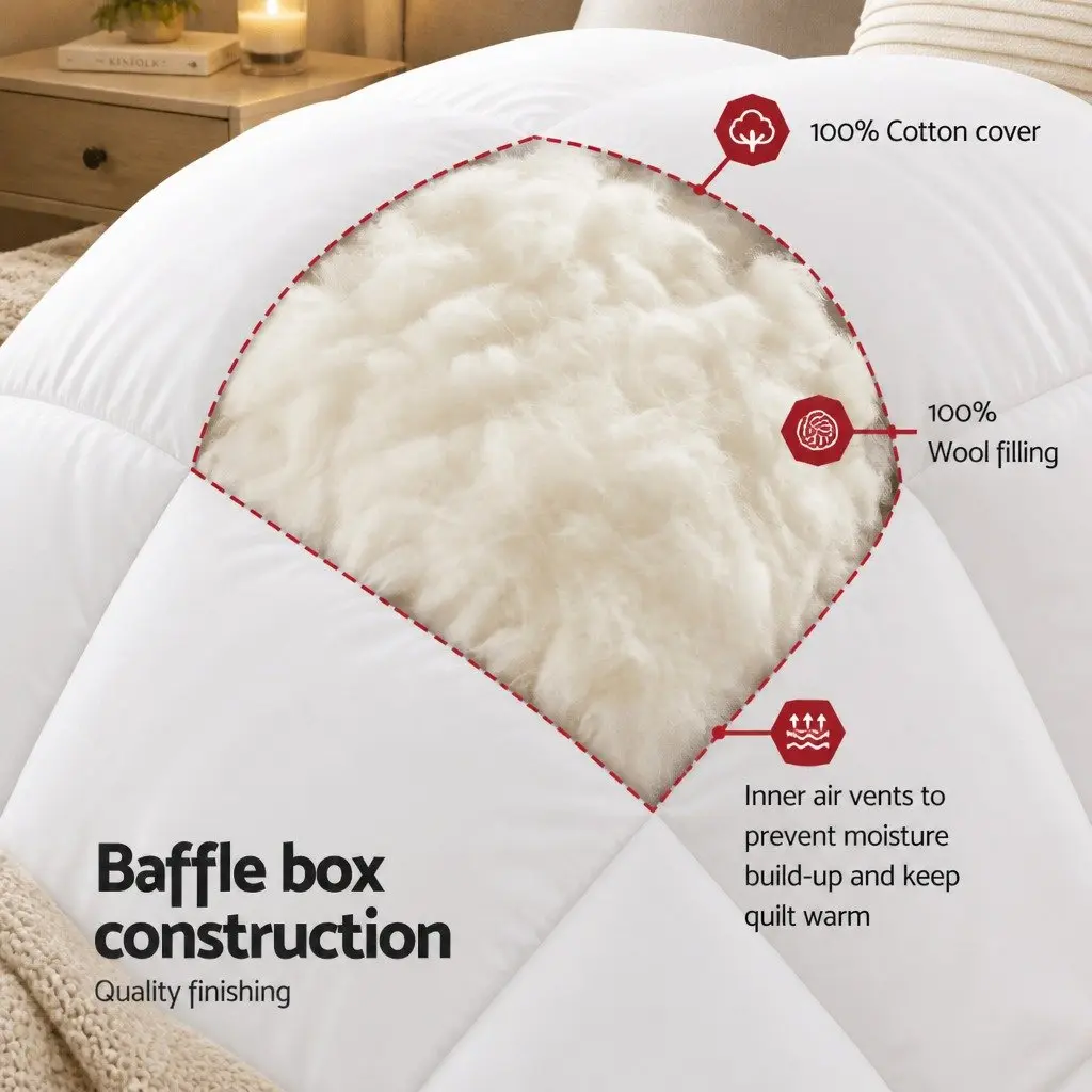 Wool Quilt 800GSM Double White Pure Cotton Cover Baffle Box Construction
