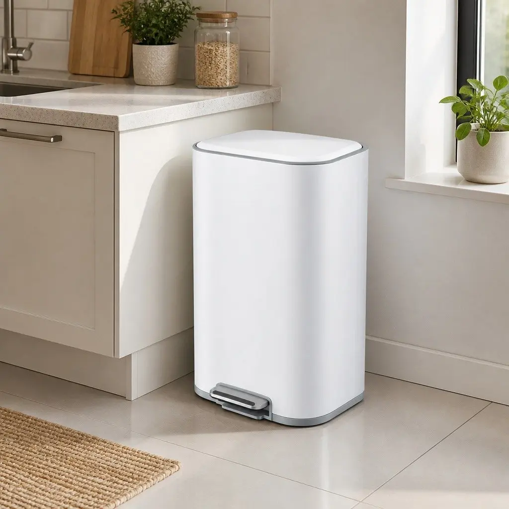 Pedal Bin Steel 40L Rectangular White Kitchen Trash Can Soft Close Lid