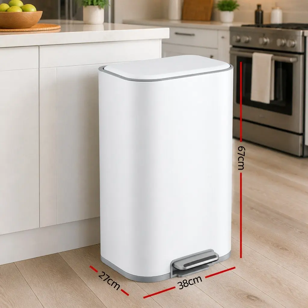 Pedal Bin Steel 40L Rectangular White Kitchen Trash Can Soft Close Lid