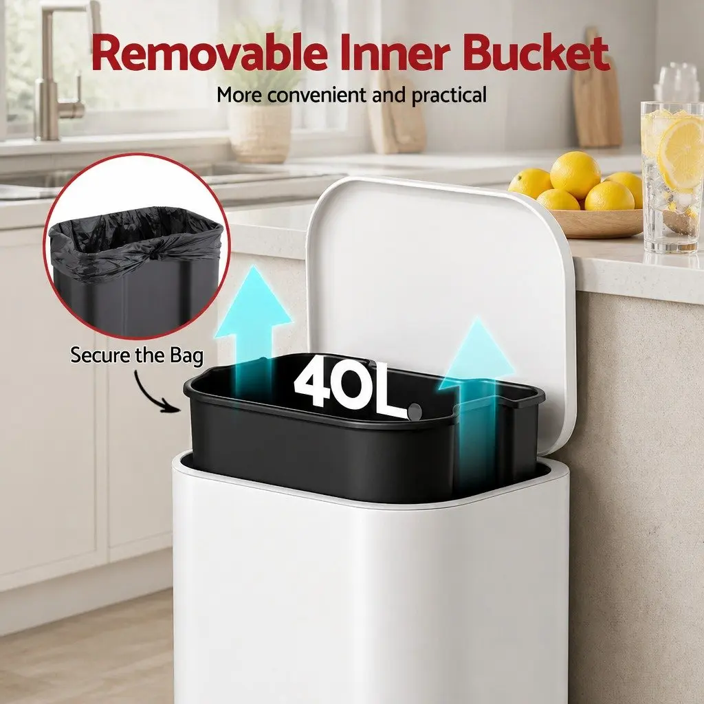 Pedal Bin Steel 40L Rectangular White Kitchen Trash Can Soft Close Lid