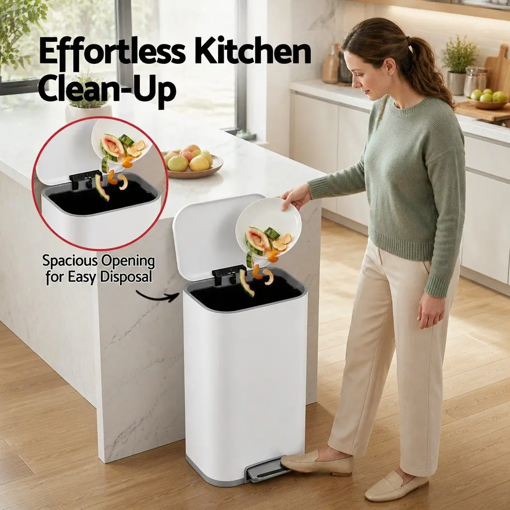 Pedal Bin Steel 40L Rectangular White Kitchen Trash Can Soft Close Lid