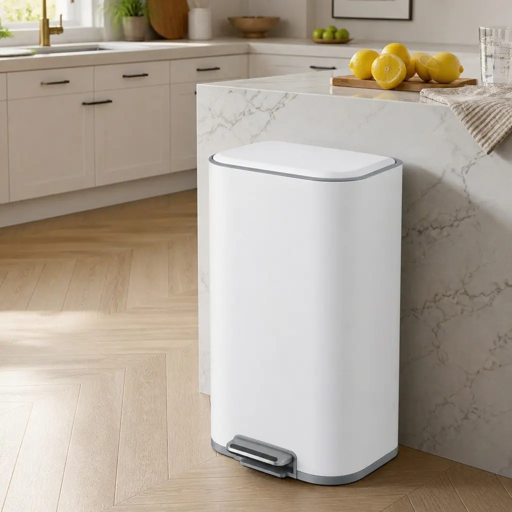 Pedal Bin Steel 40L Rectangular White Kitchen Trash Can Soft Close Lid