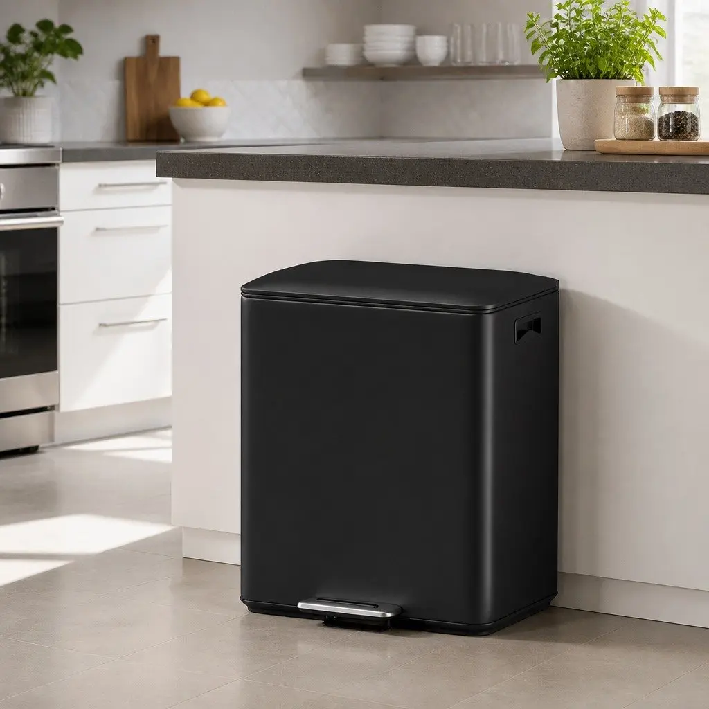 Pedal Bin Carbon Steel 40L Dual Compartment Black Kitchen Dustbin