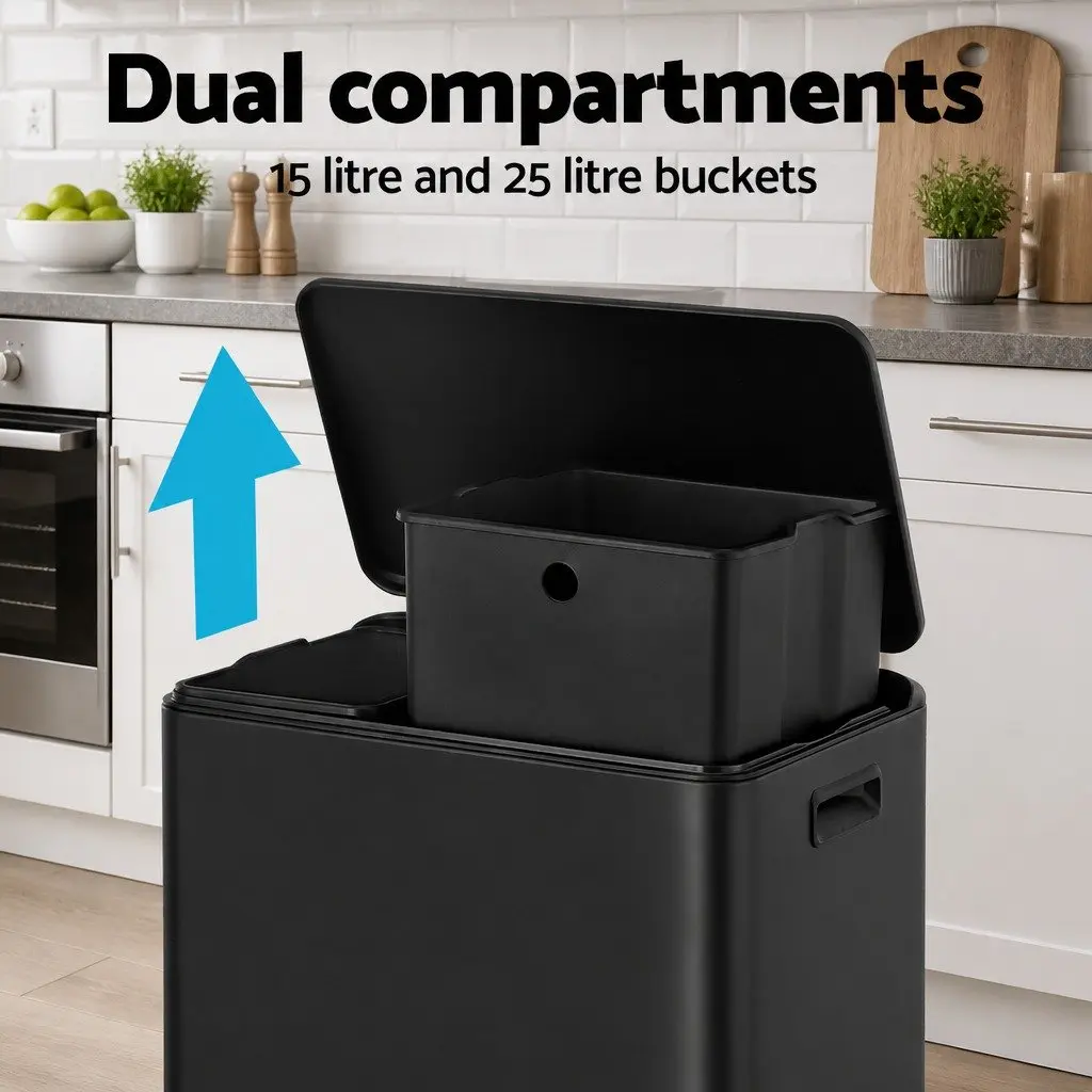 Pedal Bin Carbon Steel 40L Dual Compartment Black Kitchen Dustbin