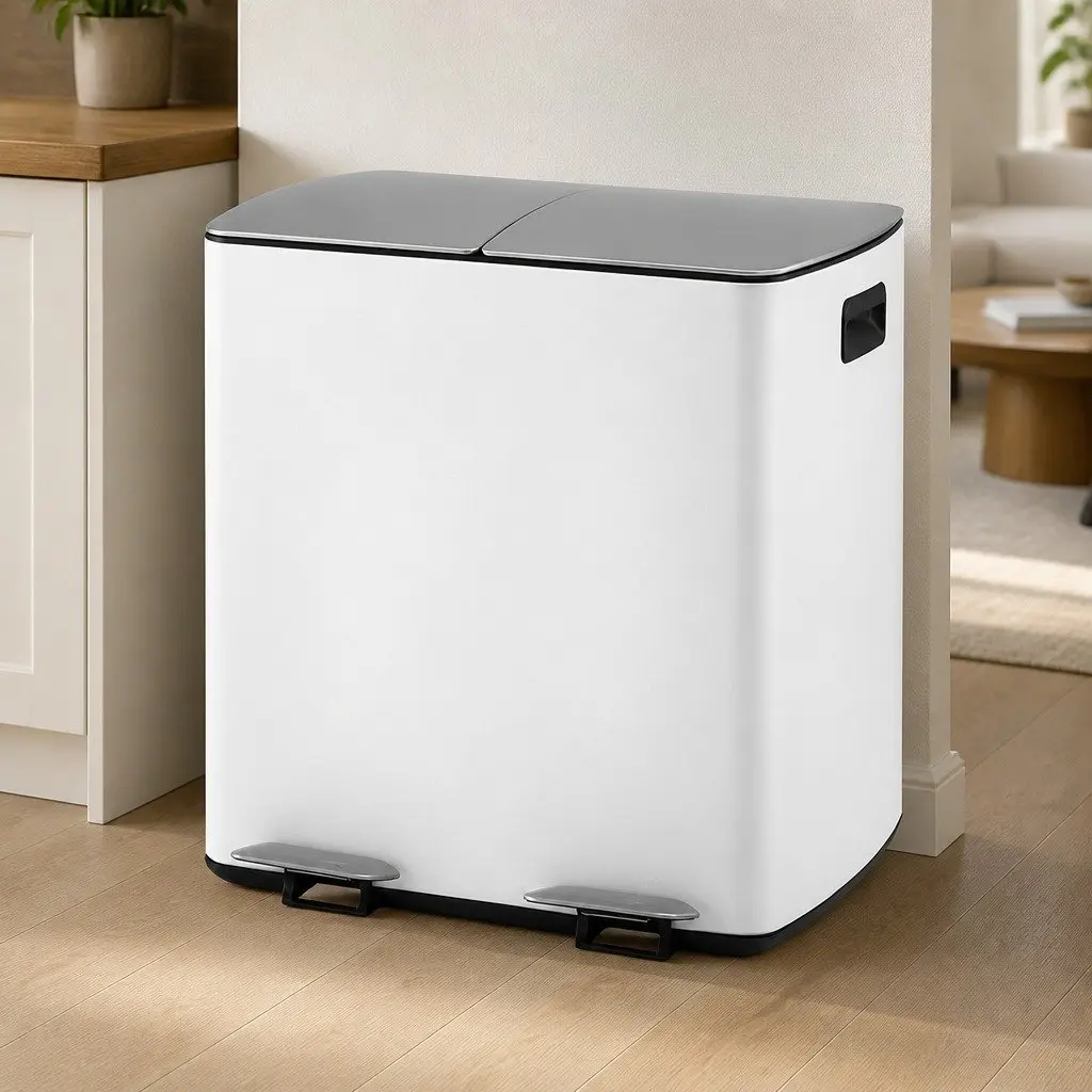 40L White Dual Compartment Pedal Bin for Recycling