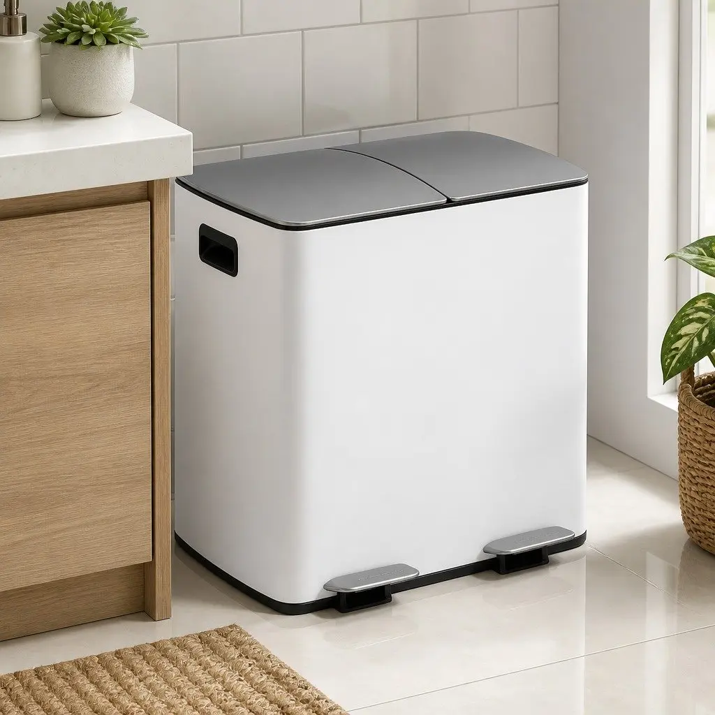 Pedal Bin Carbon Steel 40L Dual Compartment White Kitchen Rubbish