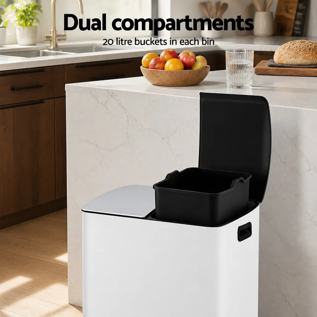 Pedal Bin Carbon Steel 40L Dual Compartment White Kitchen Rubbish