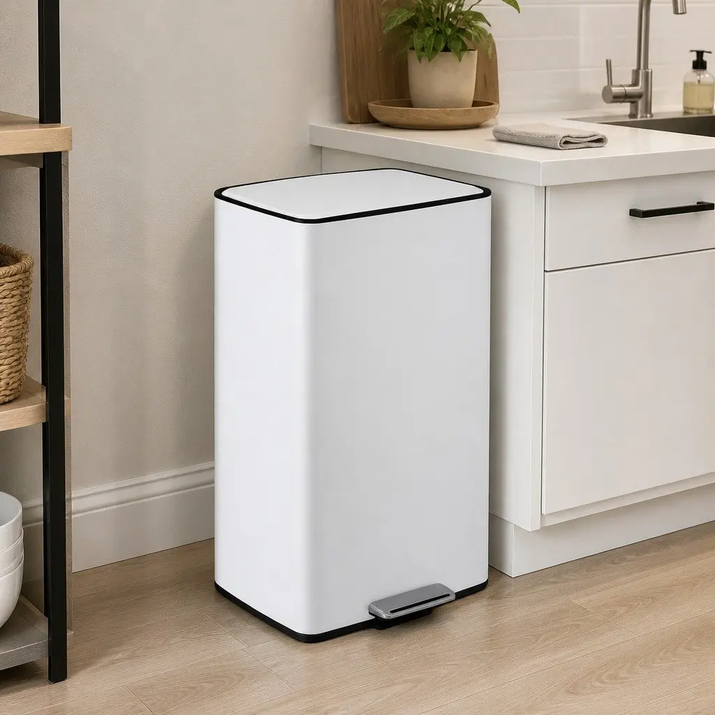Pedal Bin Steel 40L White Kitchen Trash Can Hands-Free Soft-Closing Dustbin