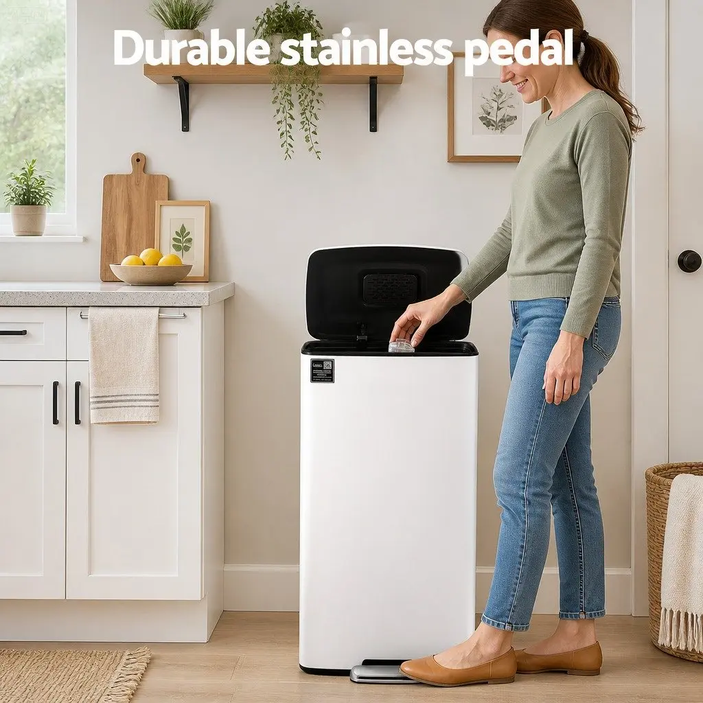 Pedal Bin Steel 40L White Kitchen Trash Can Hands-Free Soft-Closing Dustbin