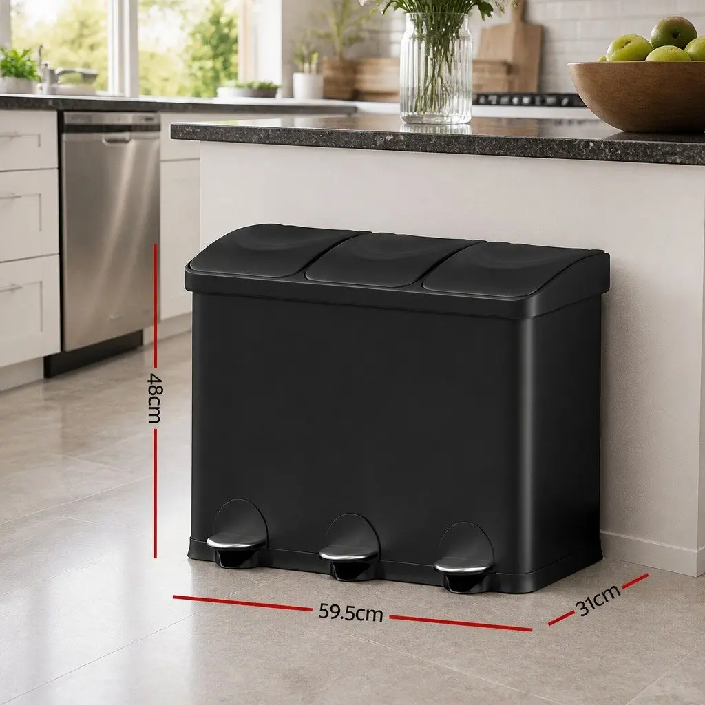 Pedal Bin with Triple Compartments 45L
