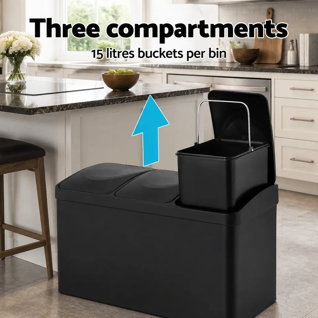 Pedal Bin with Triple Compartments 45L