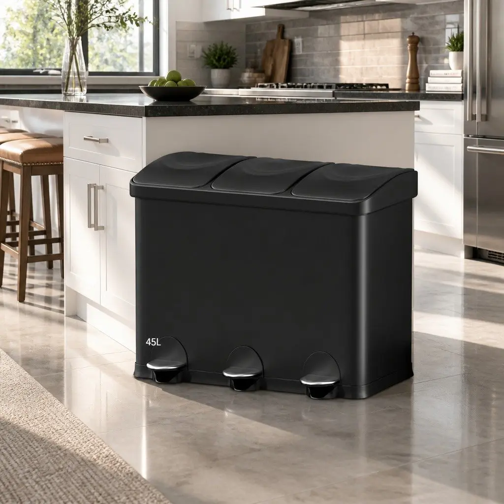 Pedal Bin with Triple Compartments 45L