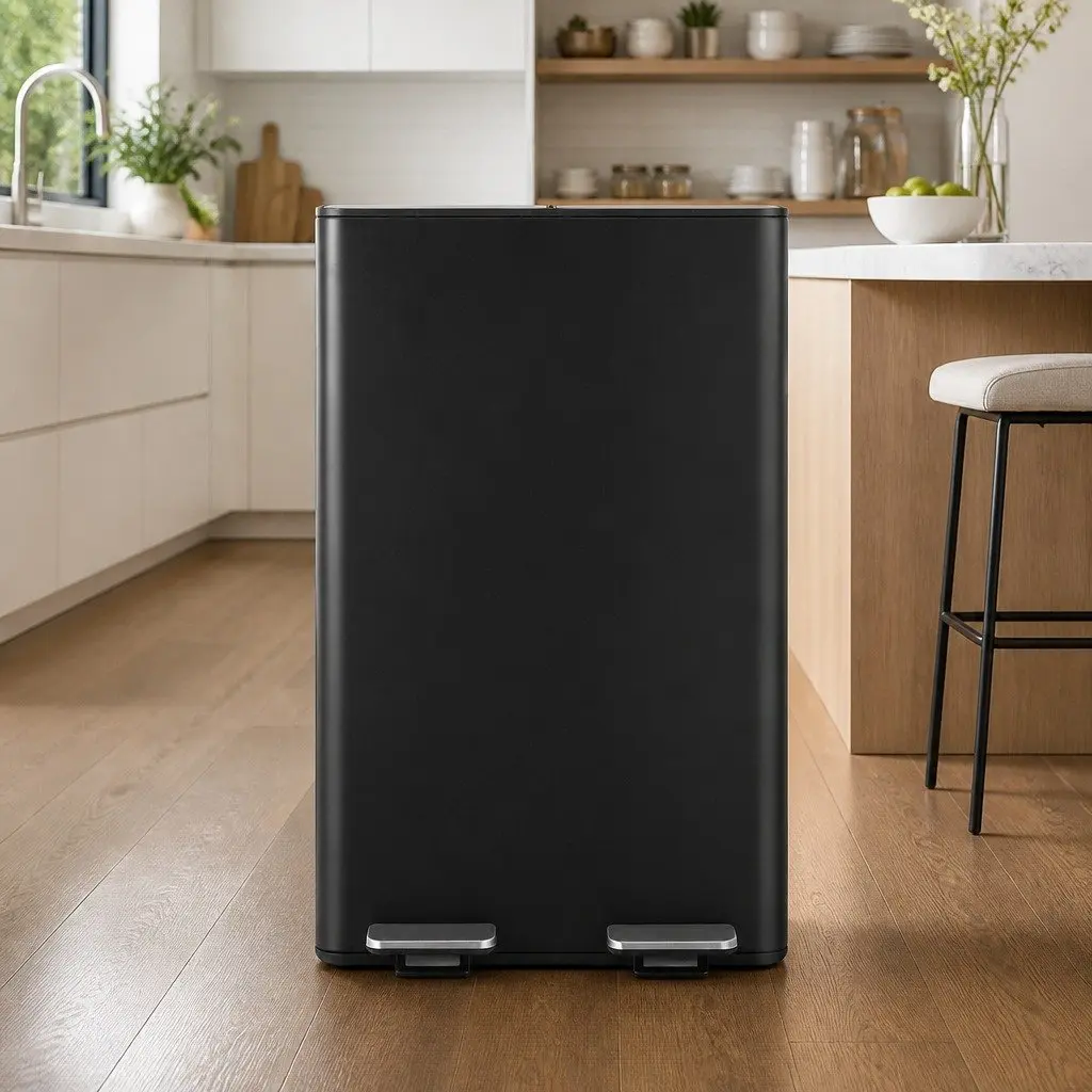 Pedal Bins Carbon Steel 60L Black Dual Compartment Kitchen