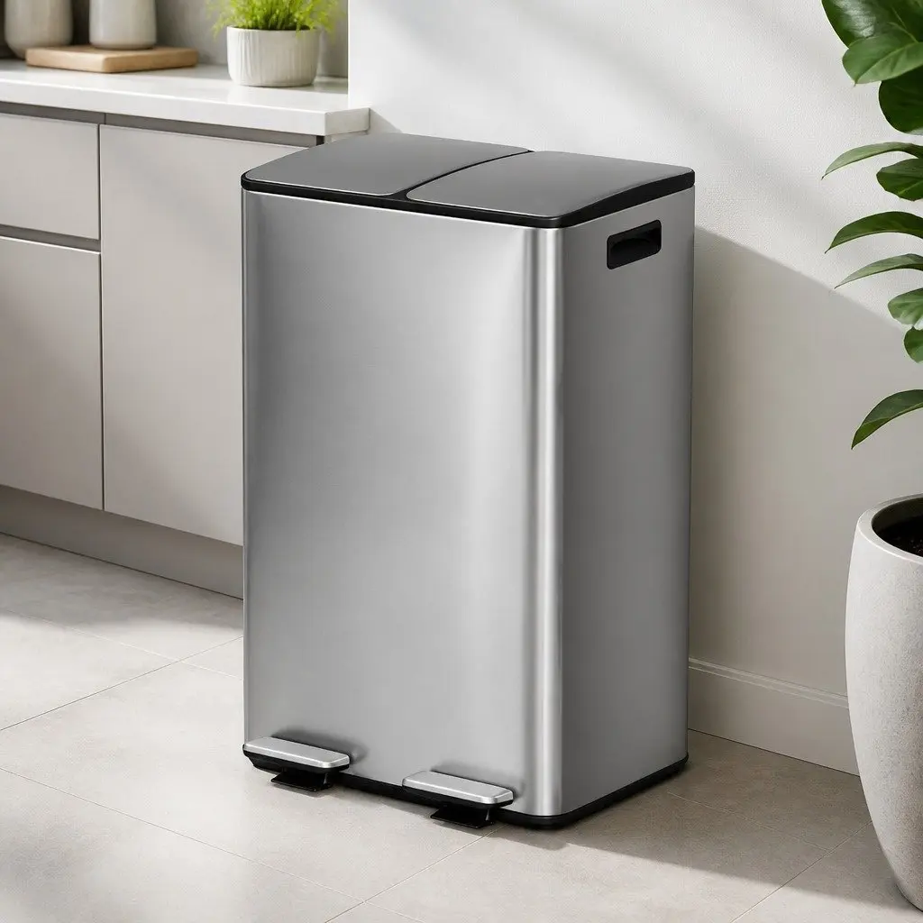 60L Dual Compartment Waste Recycle Bin in Silver