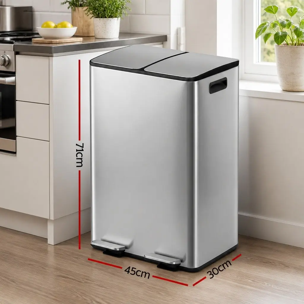 Pedal Bin Carbon Steel 60L Dual Compartment Silver