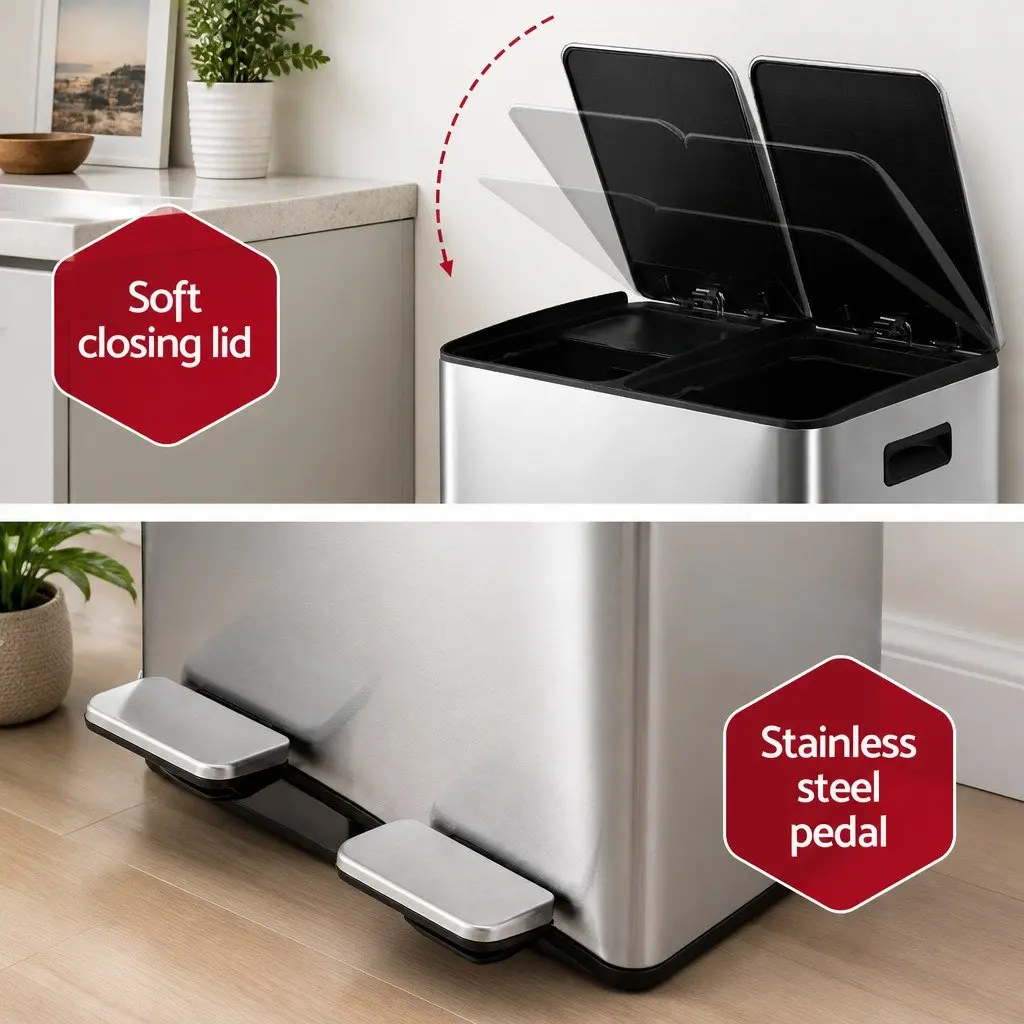 Pedal Bin Carbon Steel 60L Dual Compartment Silver