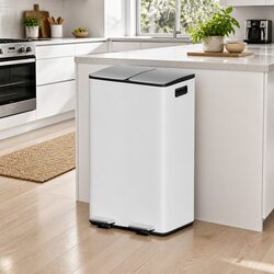 Pedal Bin Dual Compartment Waste Recycle Dustbin 60L White Kitchen Rubbish