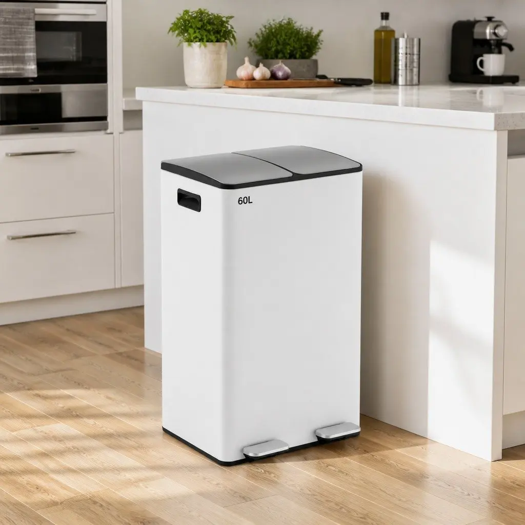 Pedal Bin Carbon Steel 60L White Dual Compartment Kitchen Rubbish