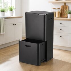 63L Pull Out Rubbish Bin 3 Compartment Split Door Trash Can Kitchen Black