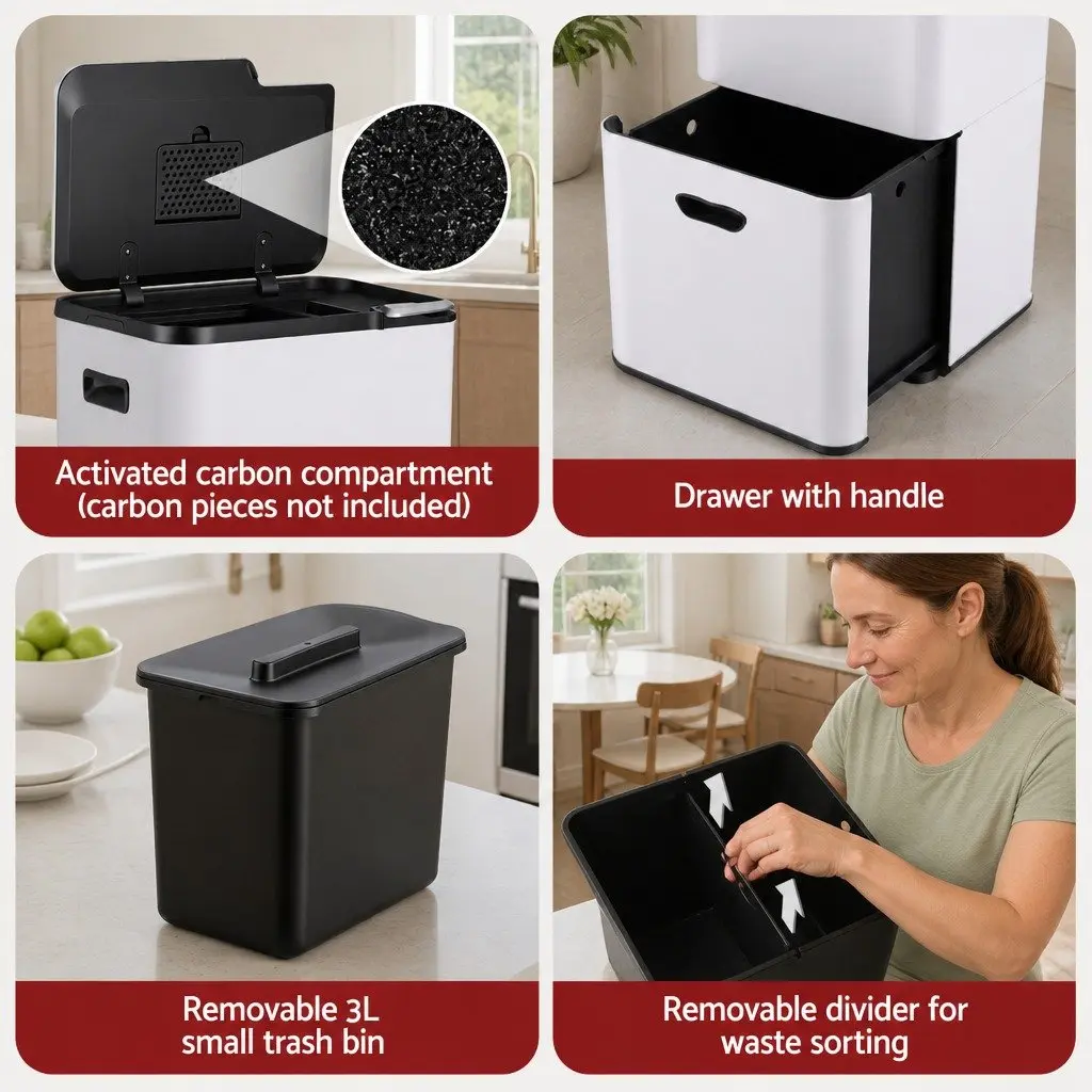Pull Out Bin Carbon Steel 63L White 3 Compartment