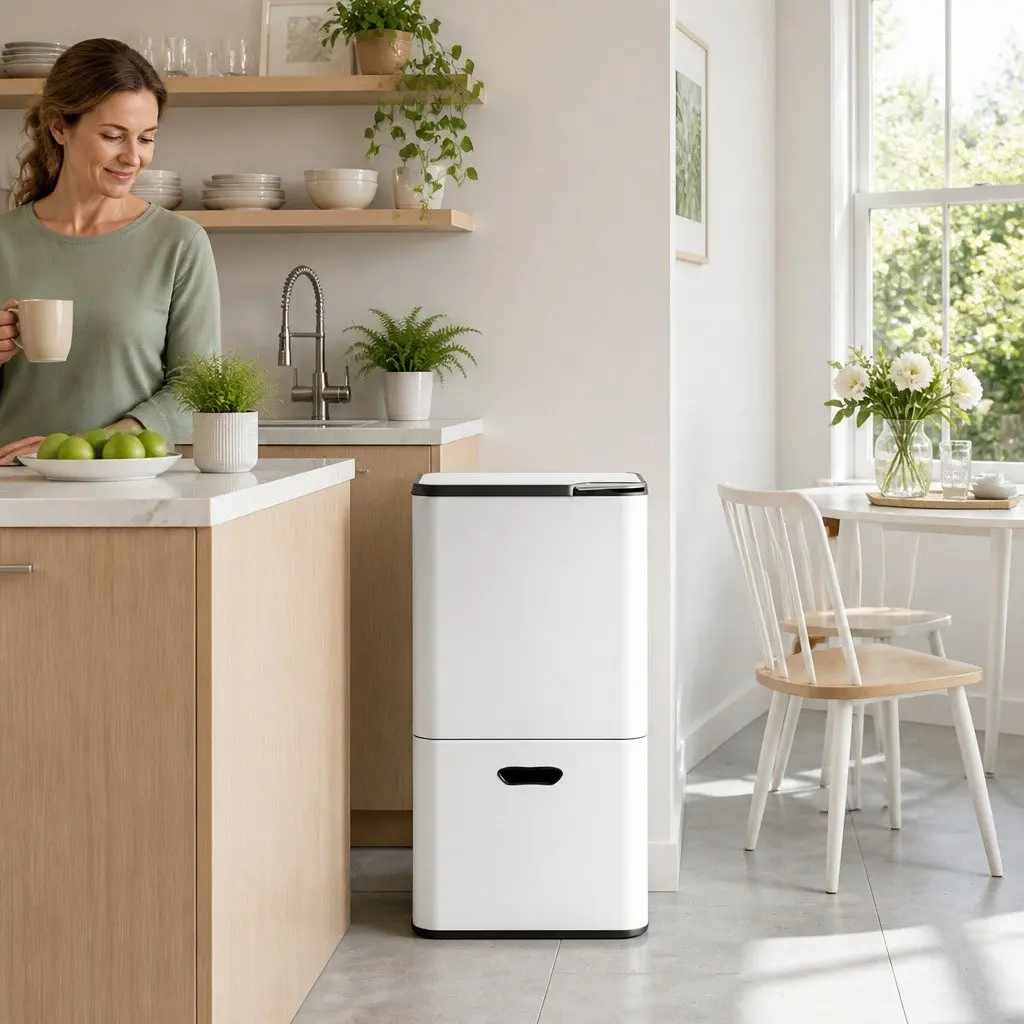 Pull Out Bin Carbon Steel 63L White 3 Compartment