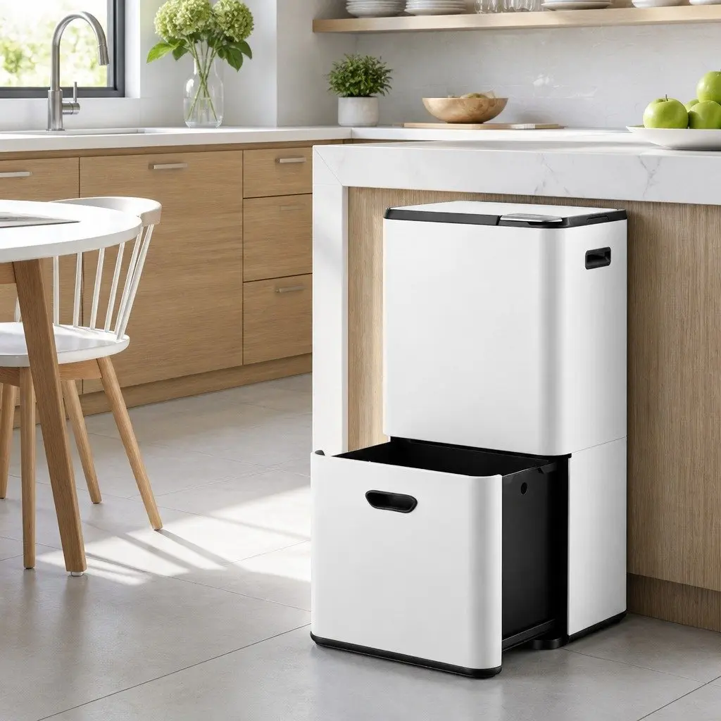 Pull Out Bin Carbon Steel 63L White 3 Compartment
