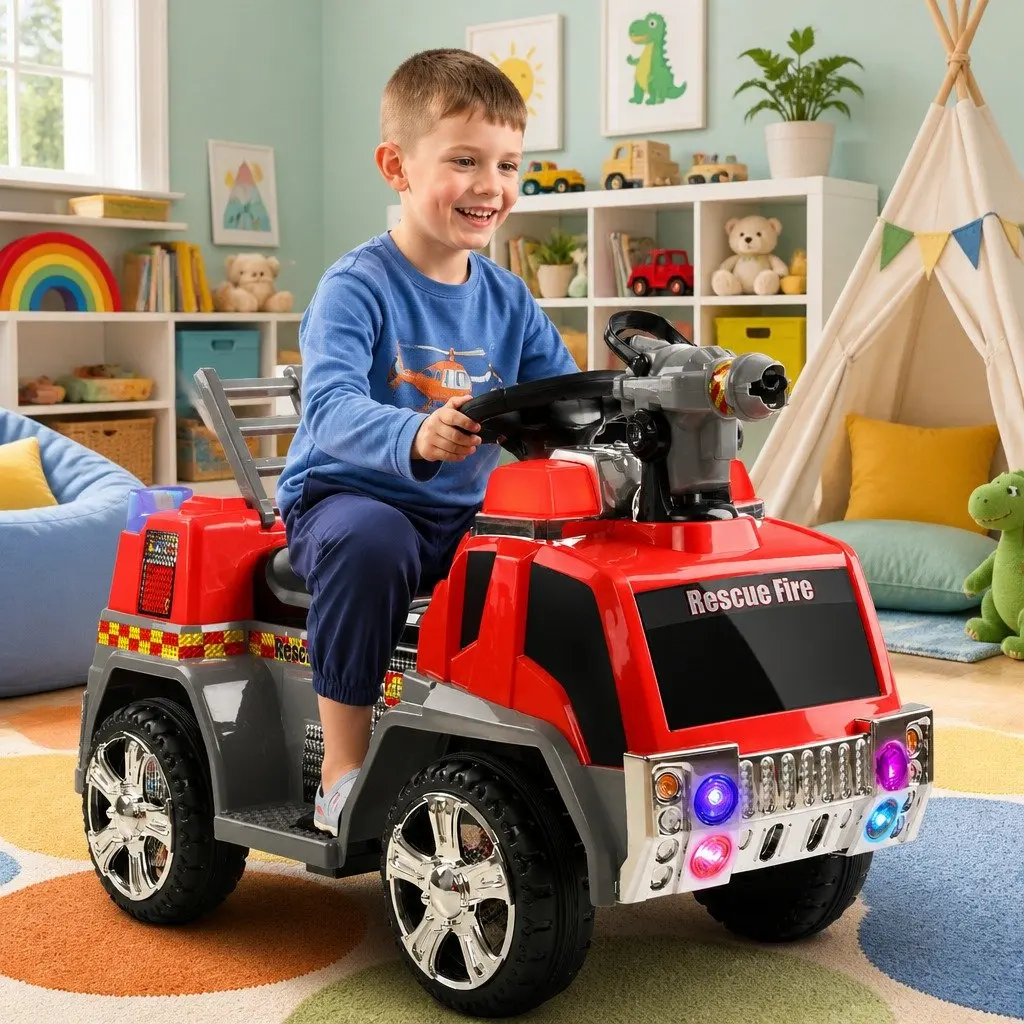 Electric Ride On Fire Truck Toy Red 6V Battery Powered with Steering Wheel and Acceleration Pedal