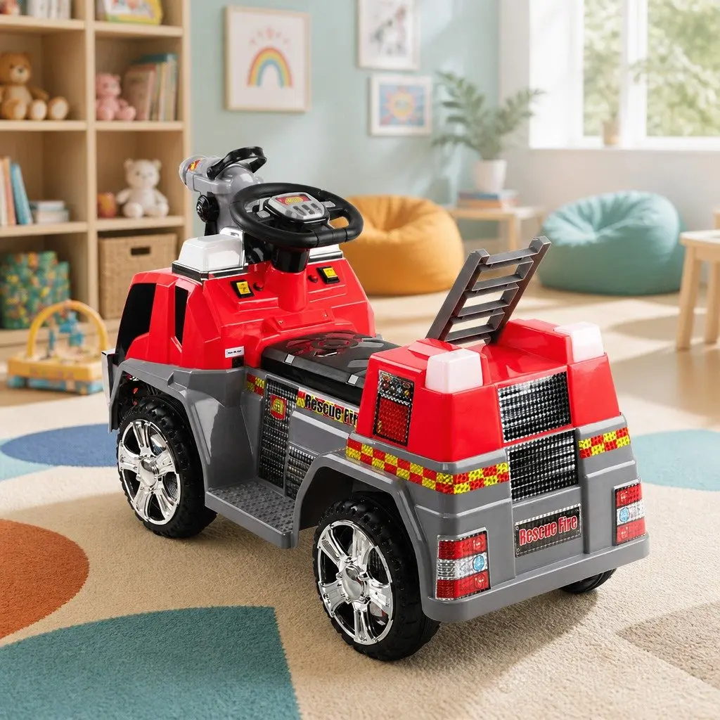Electric Ride On Fire Truck Toy Red 6V Battery Powered with Steering Wheel and Acceleration Pedal